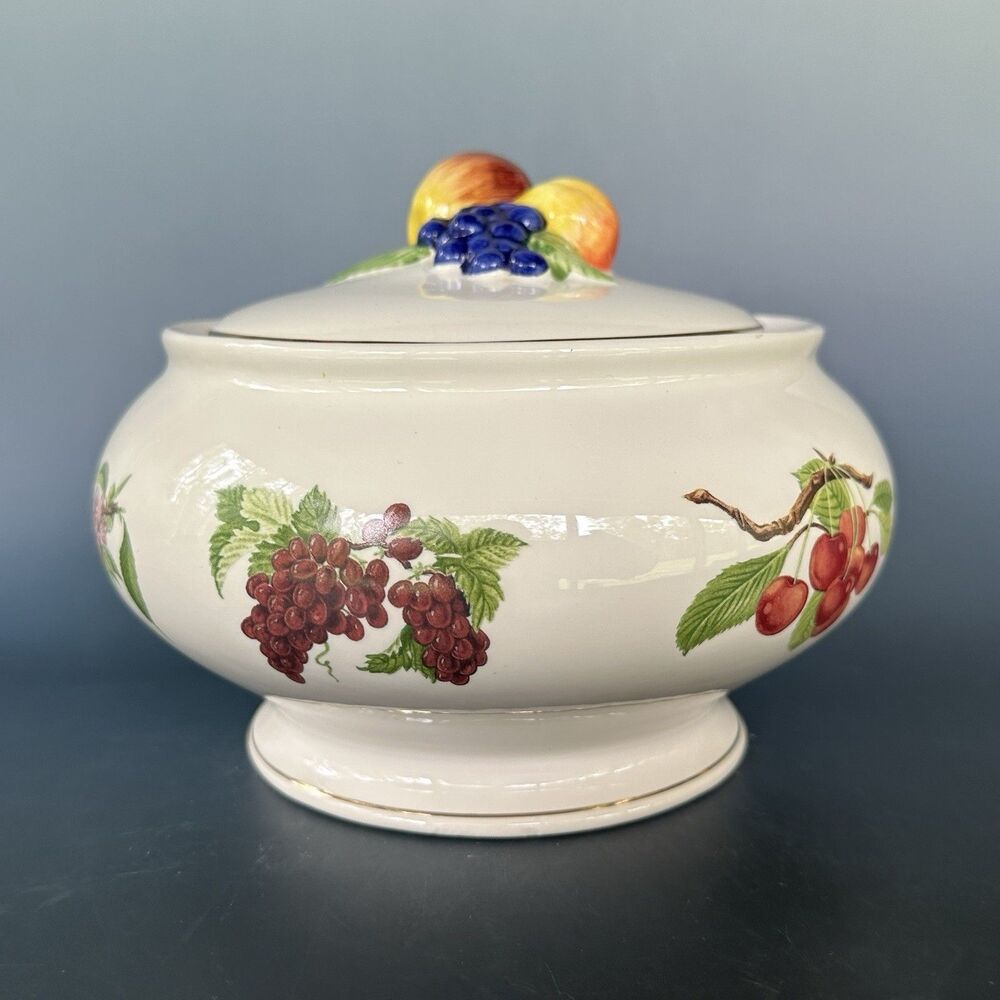 Vintage Hand Painted Teleflora Covered Serving Bowl With Fruit Motif - Gold Trim